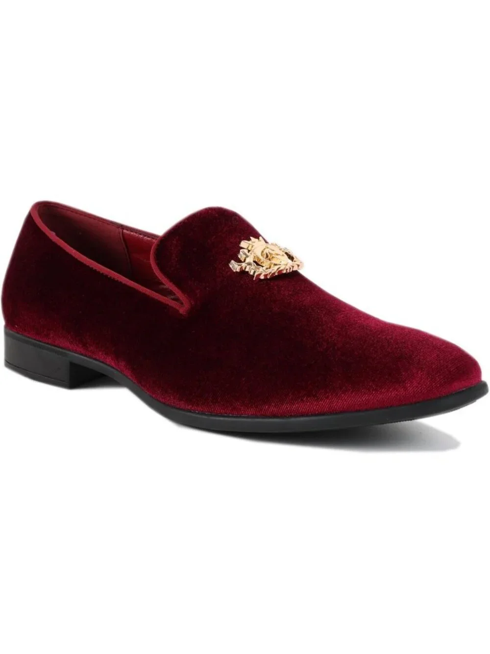 Cenprmon Men's Burgundy Elegant Velvet Loafers Metal Buckle Penny Slip On Shoes